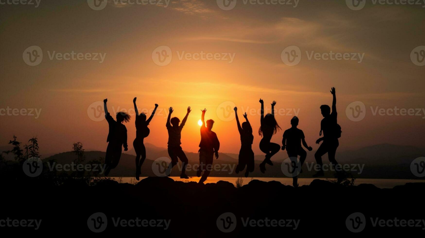 en silhuett av grupp människor ha roligt på de topp av de berg nära de tält under de solnedgång ai generativ foto