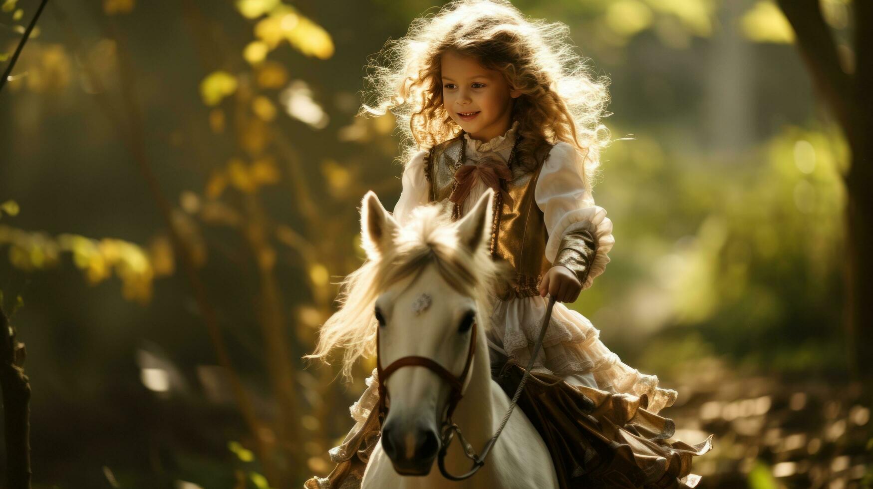 en flicka ridning en käpphäst genom en skog foto