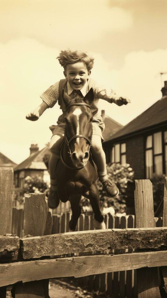 en pojke Hoppar över en hinder med hans käpphäst foto