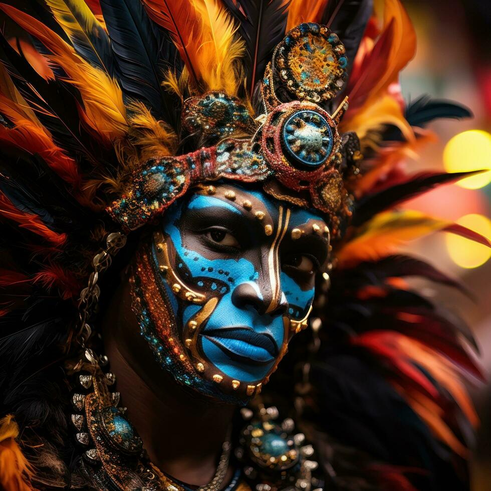 färgrik masker och fjädrar smycka dansare på rio karneval foto