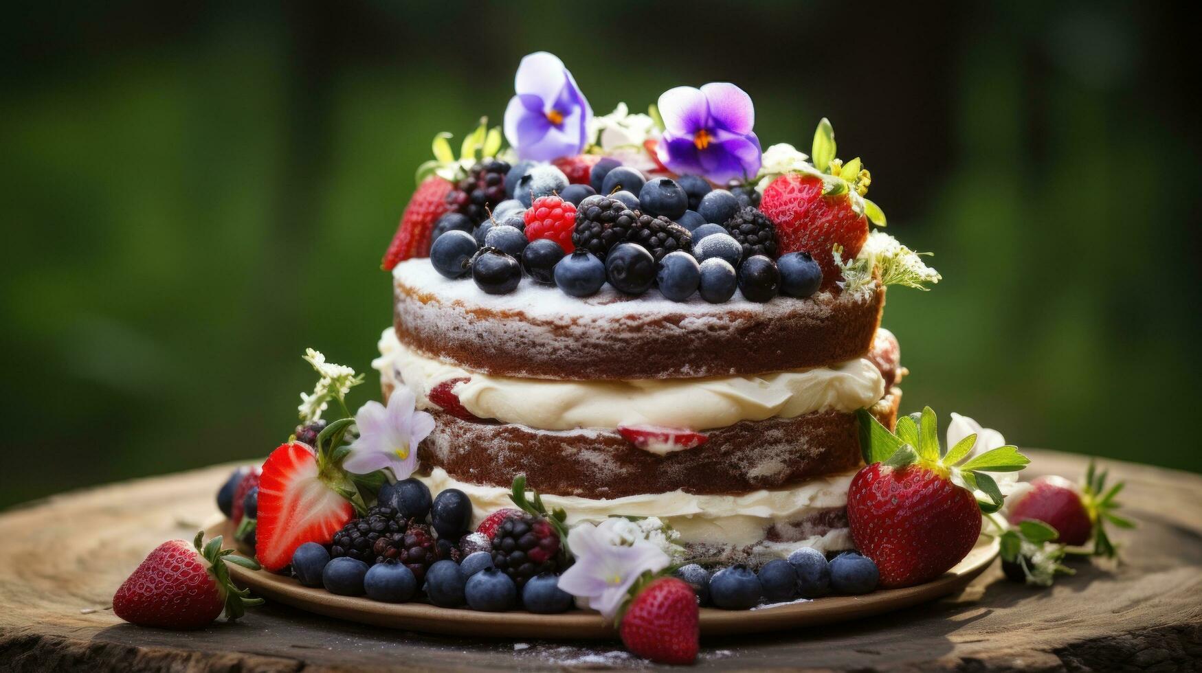 rustik kaka med färsk frukt och blommor foto