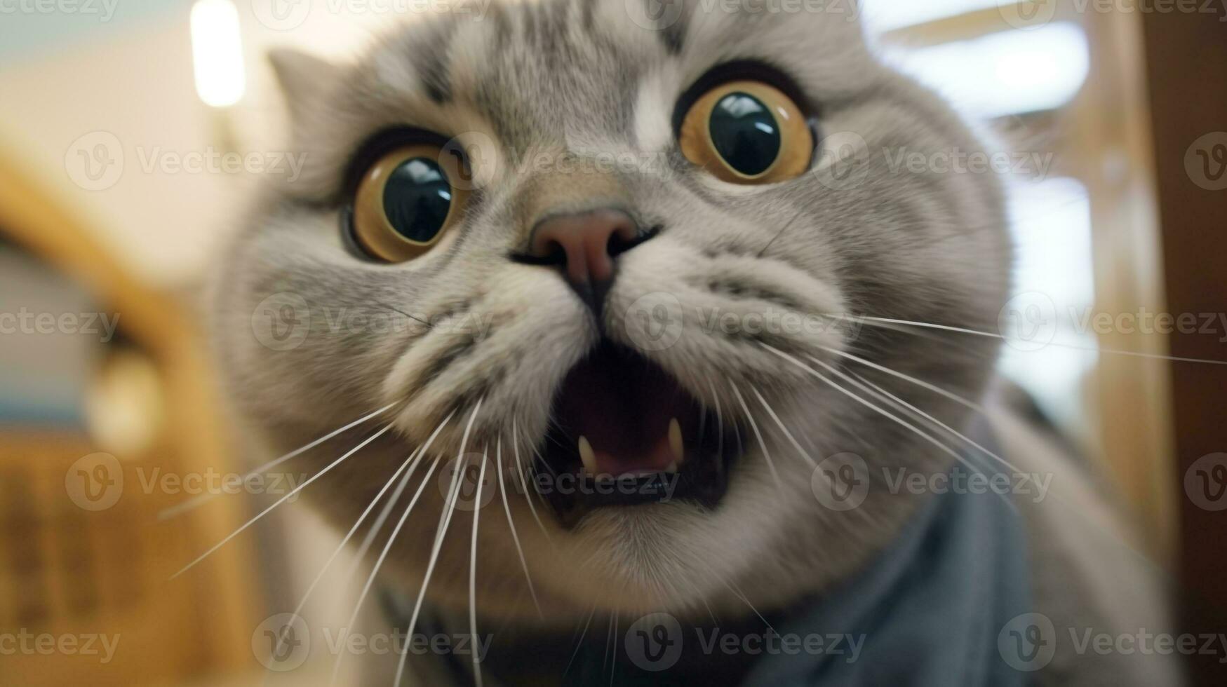 närbild Foto av en rolig chockade ryska blå fastnar ut hans tunga. generativ ai