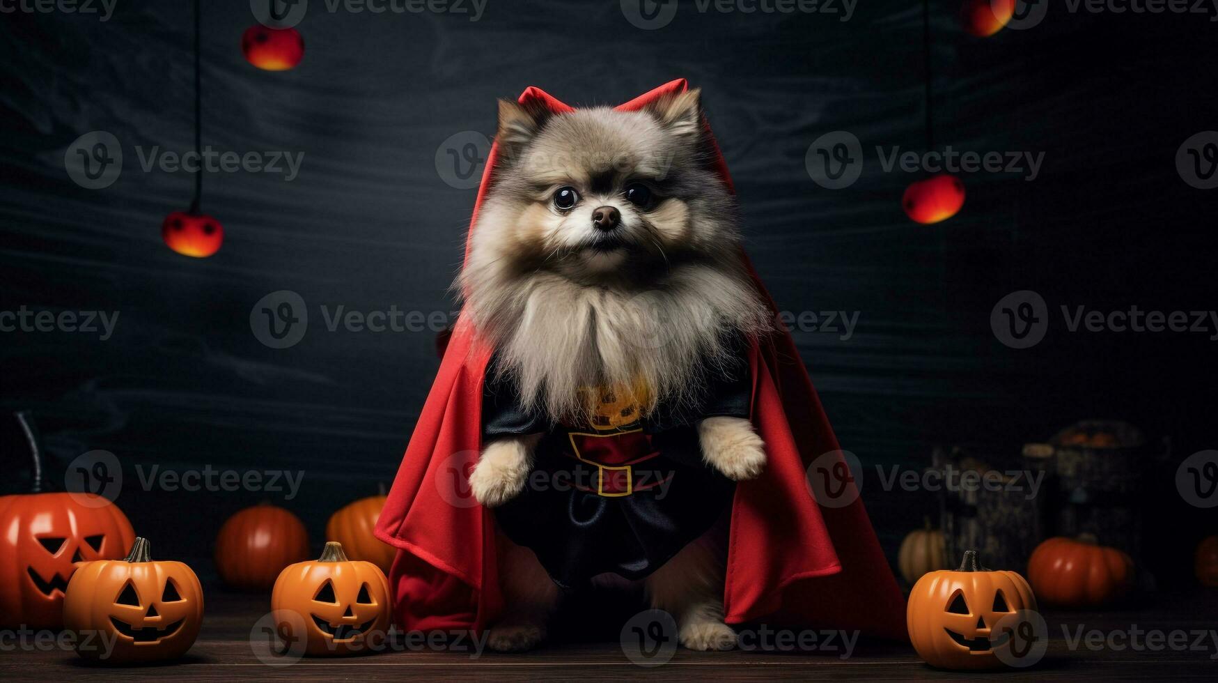 Foto av en söt hund bär häxa kostym för halloween. generativ ai