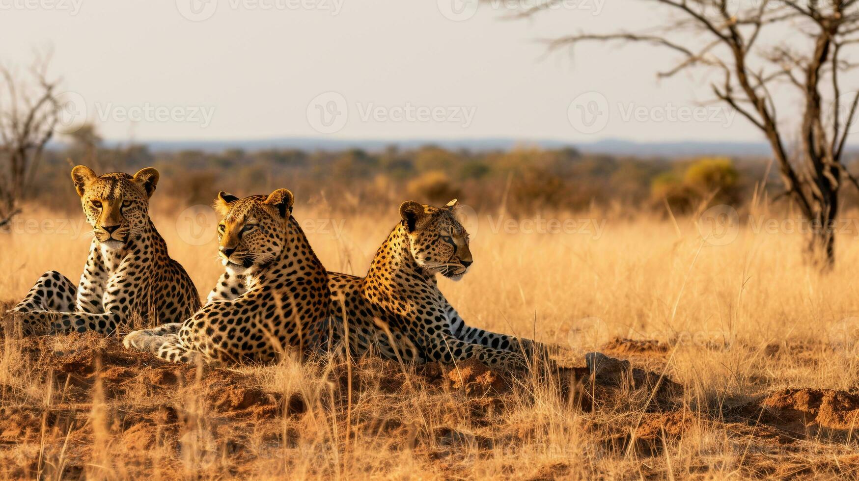 Foto av en besättning av leopard vilar i ett öppen område på de savann. generativ ai