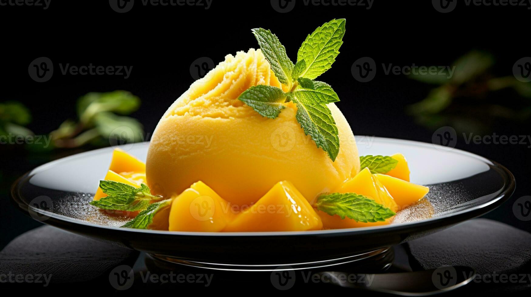 Foto av mango sorbet som en maträtt i en high-end restaurang. generativ ai