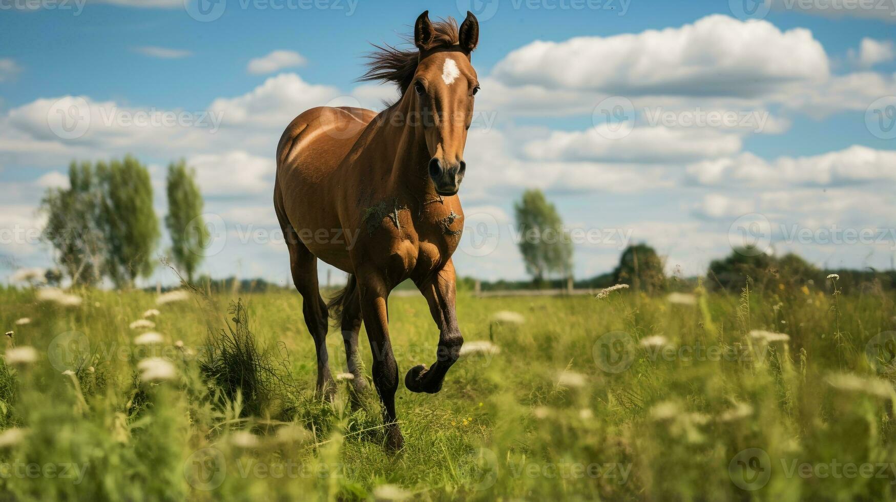 Foto av en häst i de jordbruksmark. generativ ai