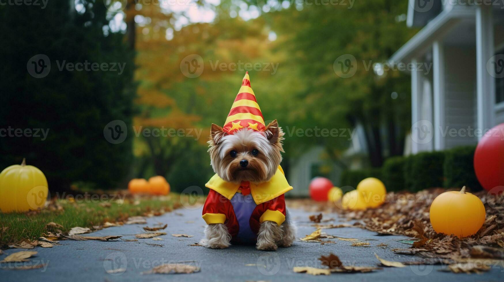 Foto av en söt hund bär häxa kostym för halloween. generativ ai