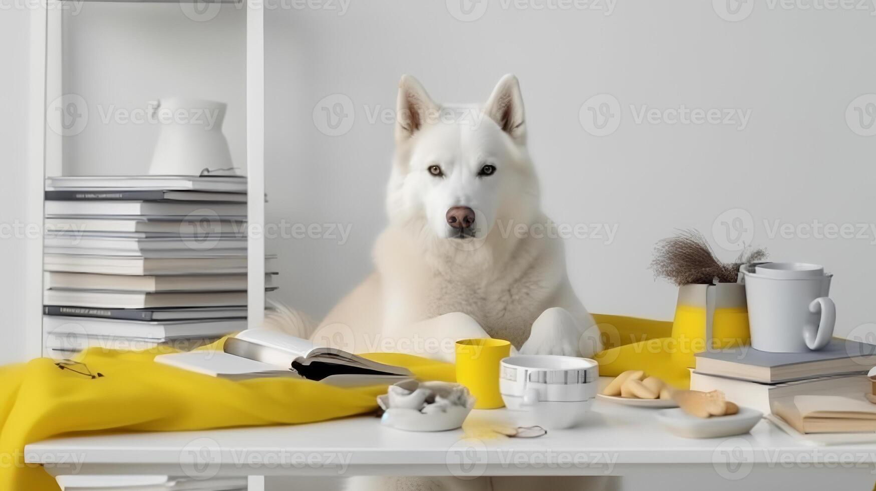 en sibirisk hes hund sitter studerar åtföljs förbi en kopp och pålar av böcker. generativ ai foto