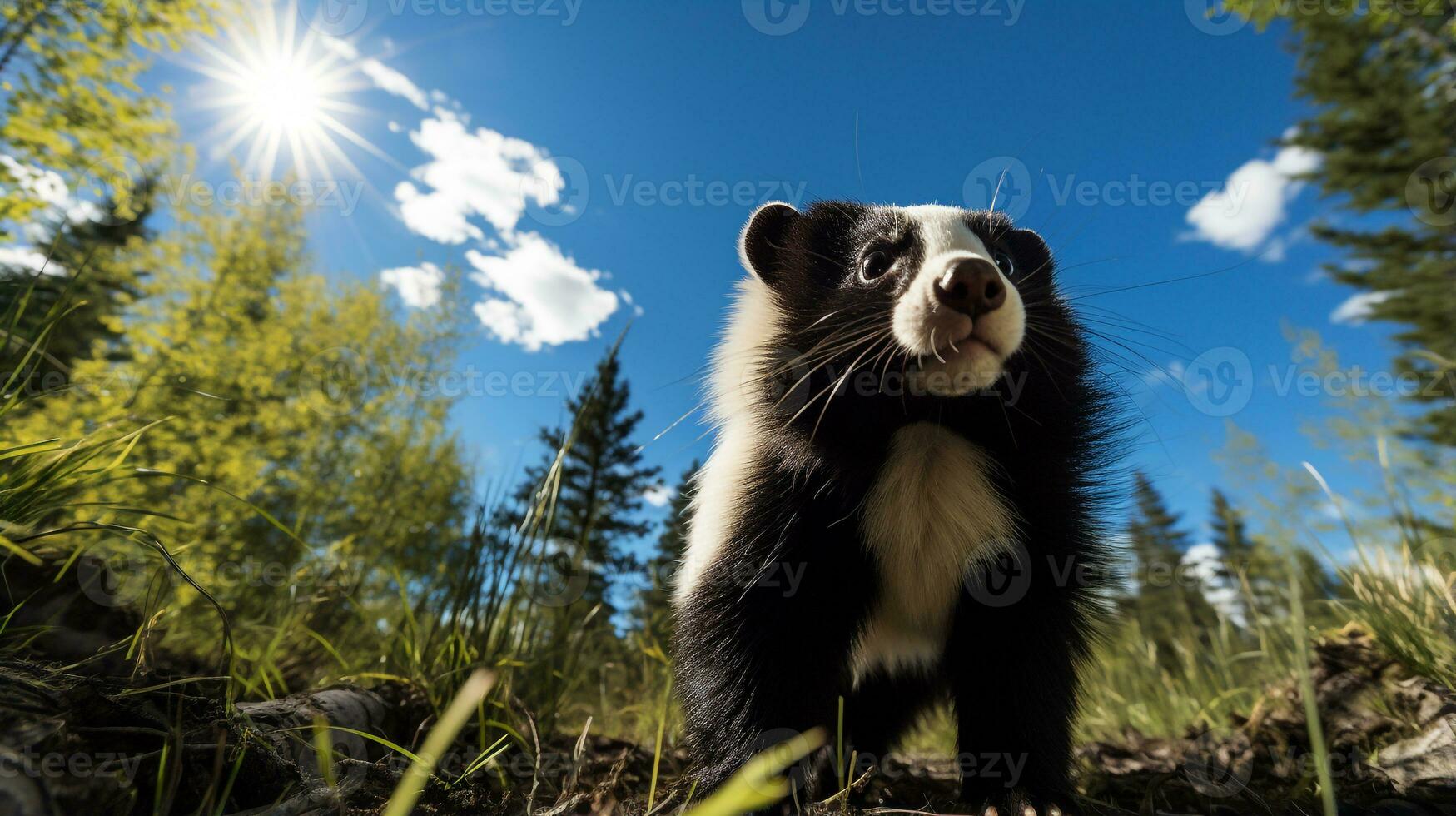 Foto av skunk i ther skog med blå himmel. generativ ai