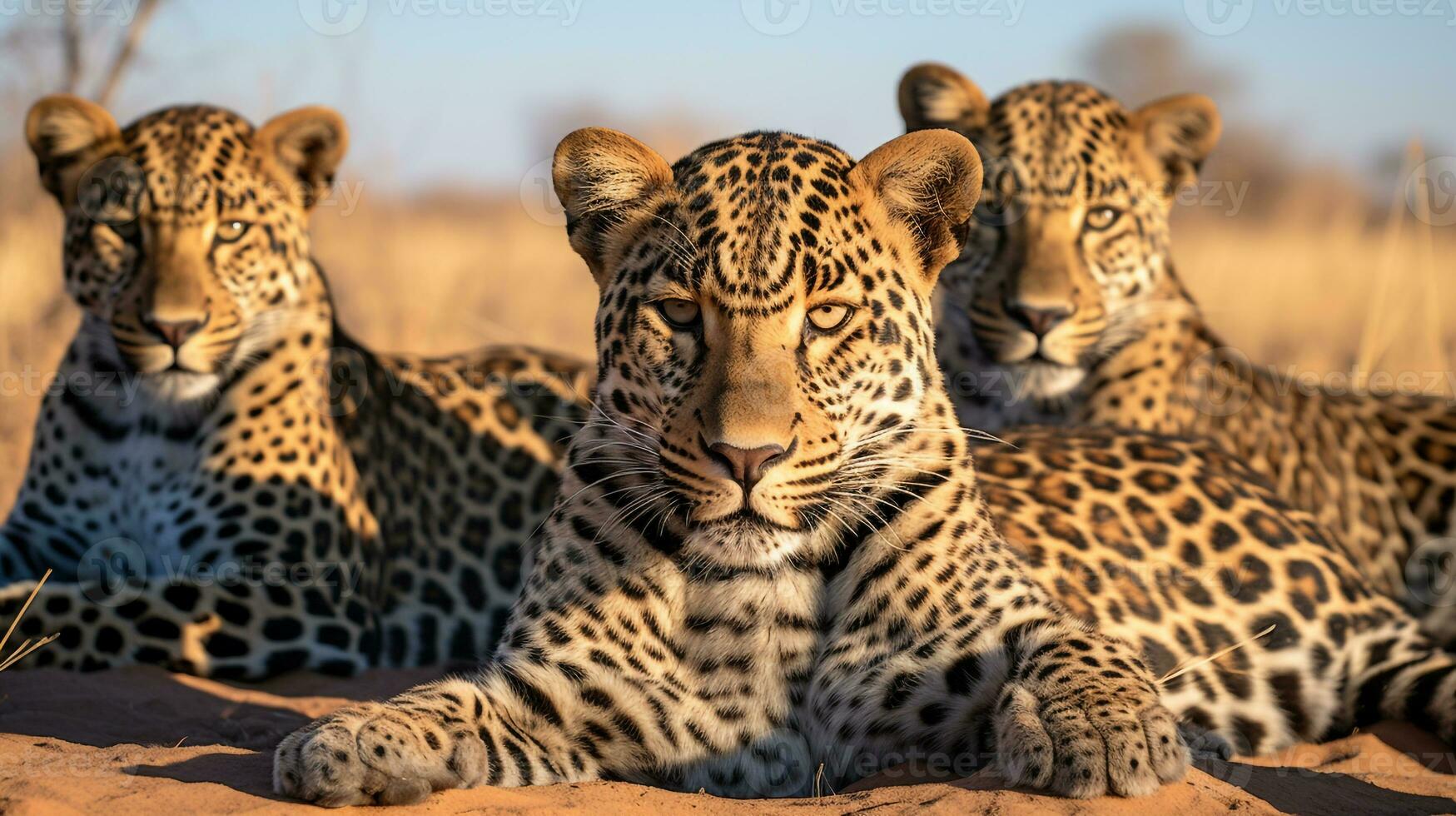 Foto av en besättning av jaguar vilar i ett öppen område på de savann. generativ ai