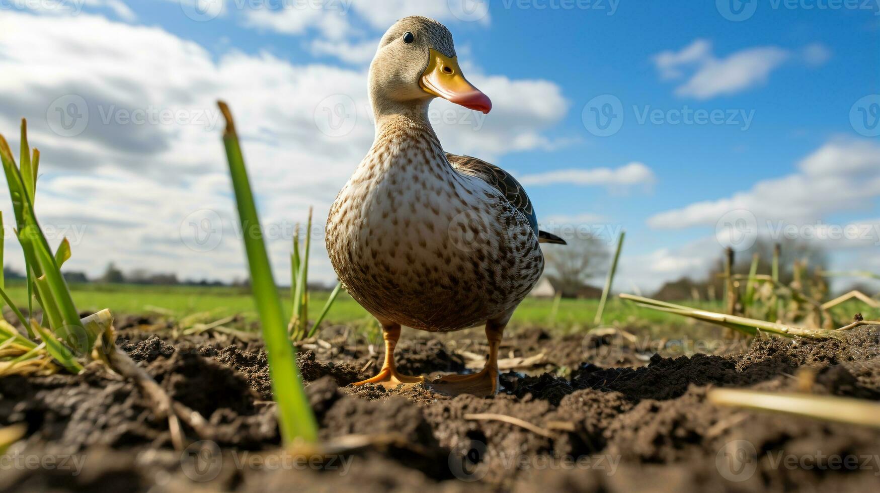 Foto av en Anka i de jordbruksmark. generativ ai