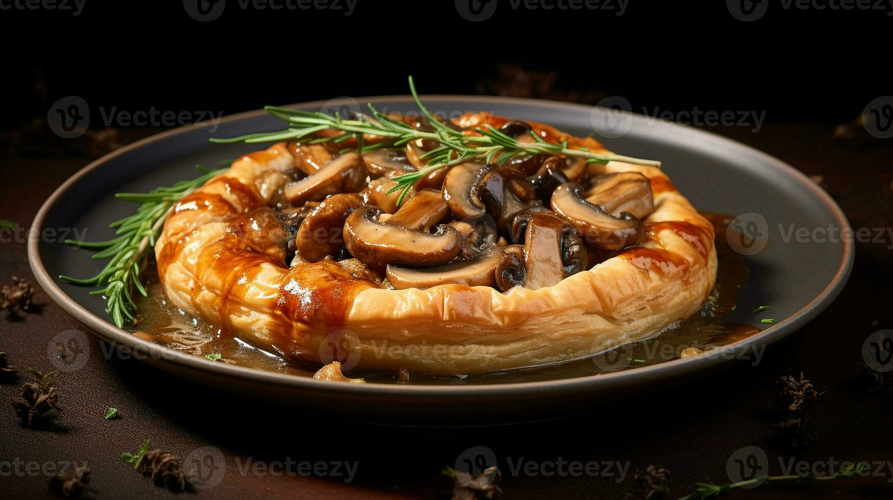 Foto av svamp och kastanj paj som en maträtt i en high-end restaurang. generativ ai