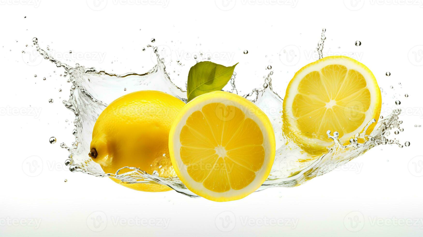 Foto av färsk citron- skivor med vatten stänk isolerat på vit bakgrund. generativ ai