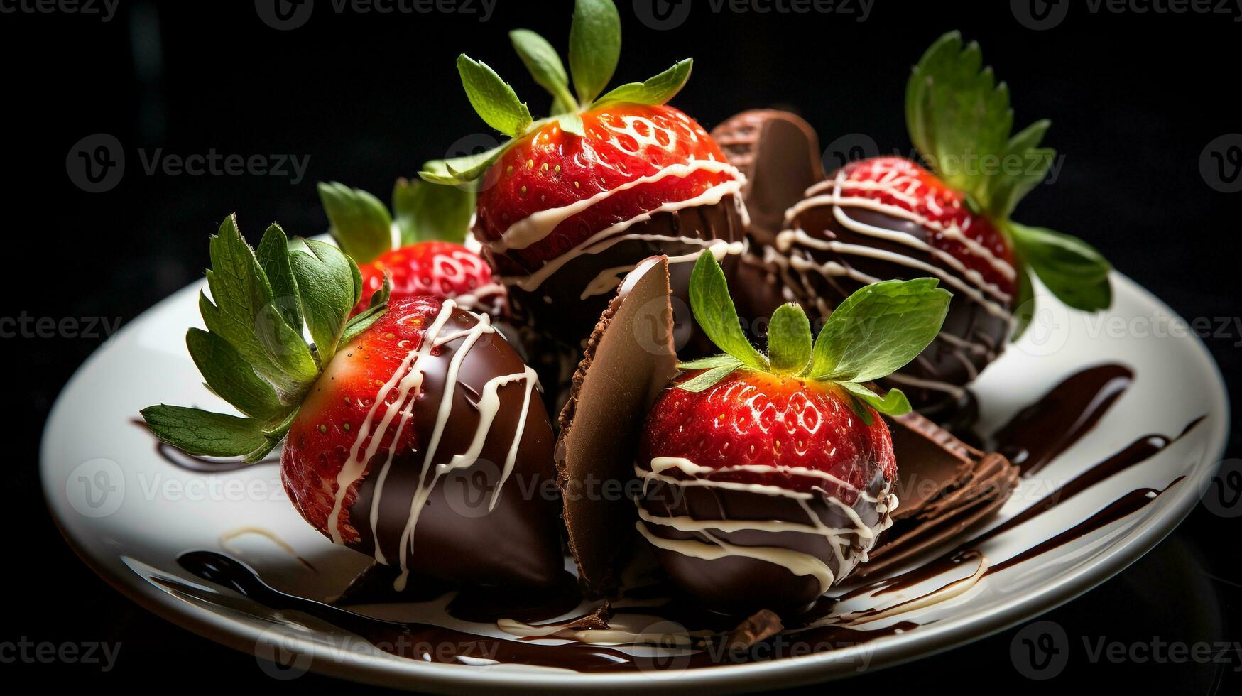 Foto av choklad täckt jordgubbar som en maträtt i en high-end restaurang. generativ ai