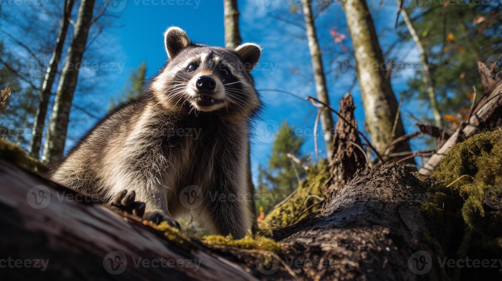 Foto av tvättbjörn i ther skog med blå himmel. generativ ai