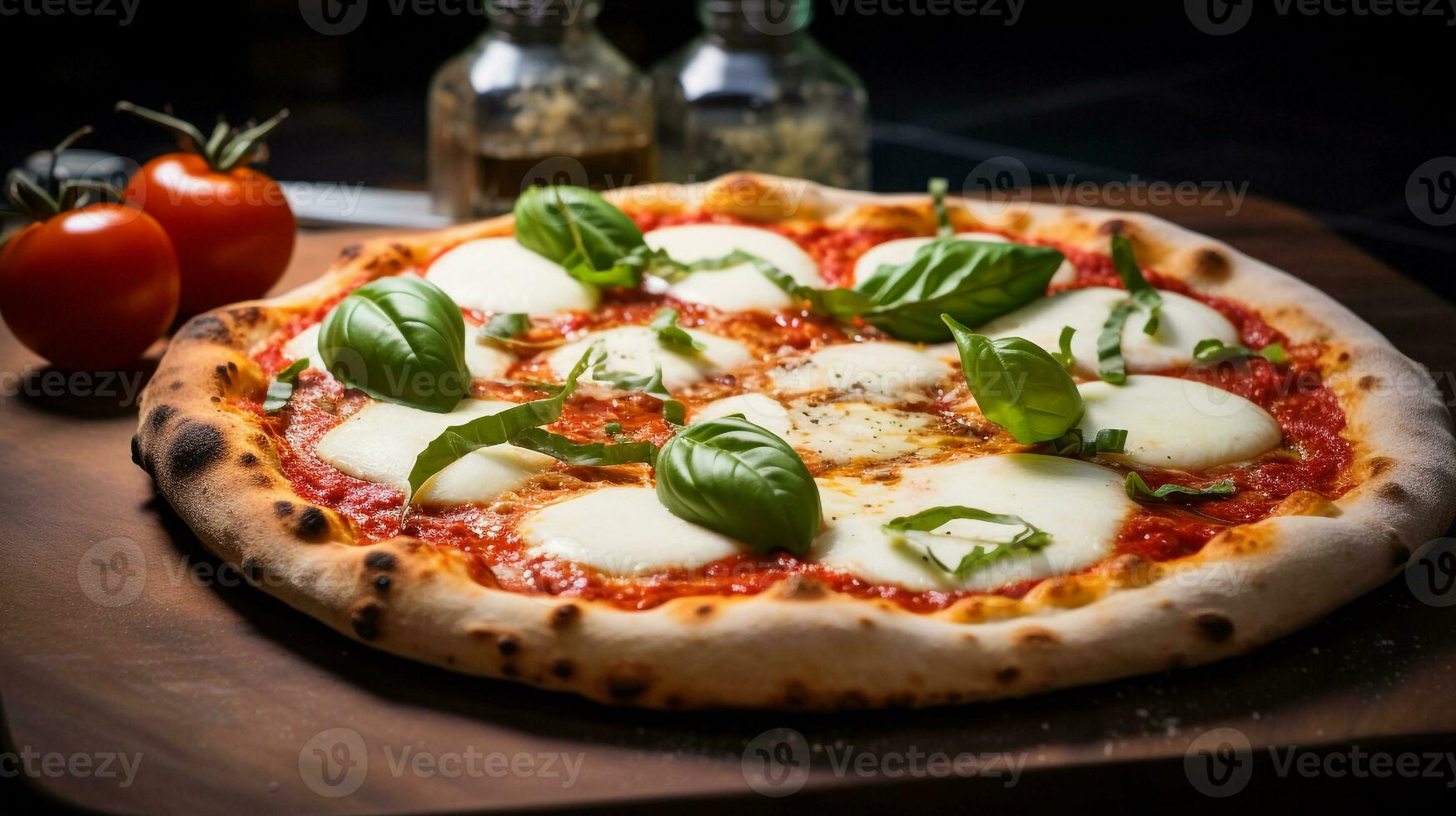 Foto av margherita pizza som en maträtt i en high-end restaurang. generativ ai