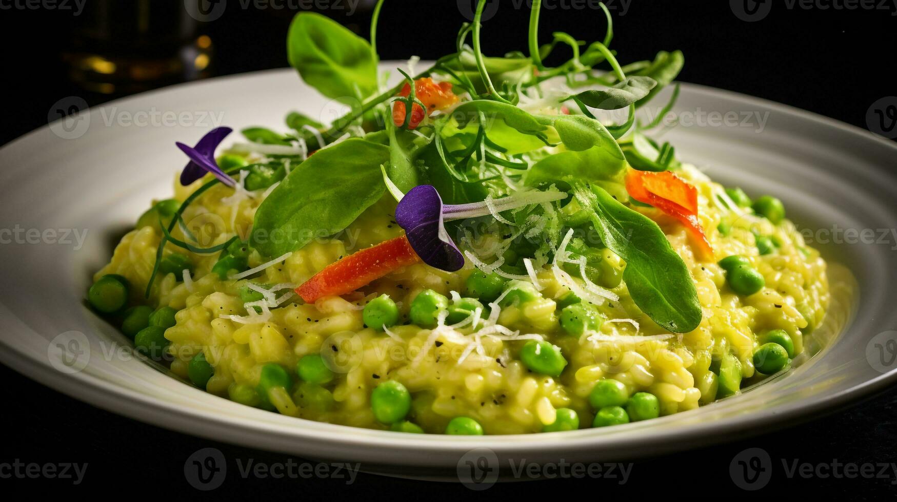 Foto av vår vegetabiliska risotto som en maträtt i en high-end restaurang. generativ ai