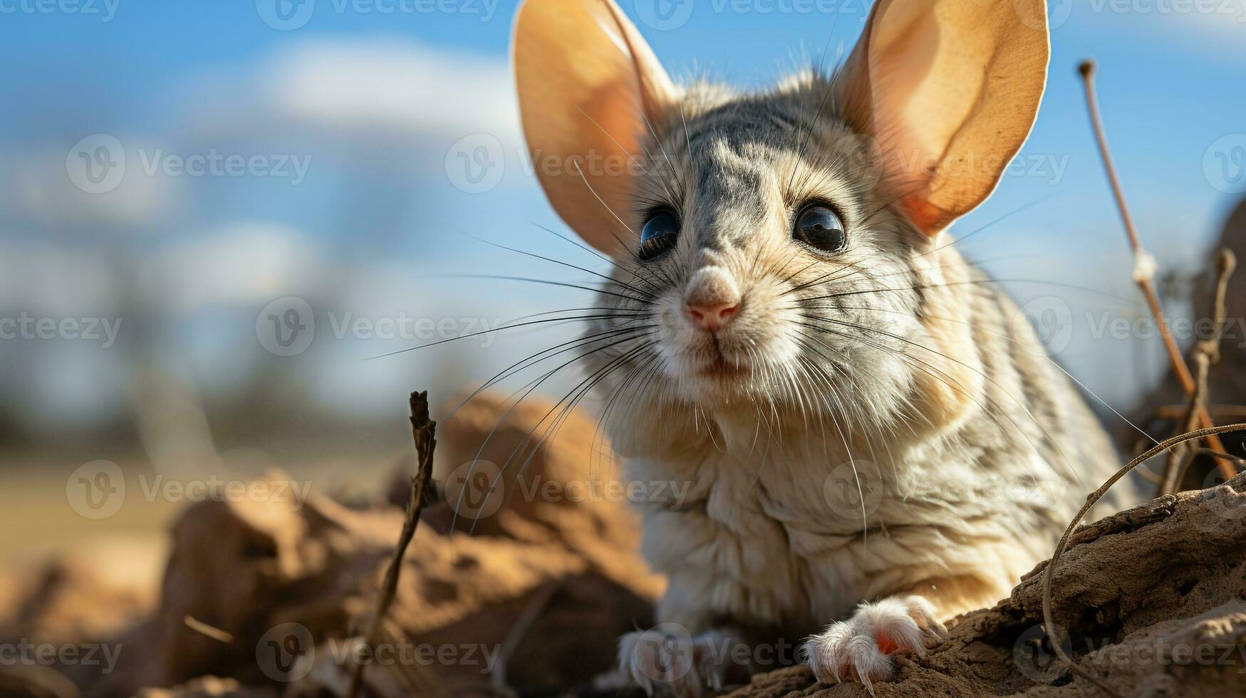 närbild Foto av en öken- jerboa ser några riktning i de öken. generativ ai