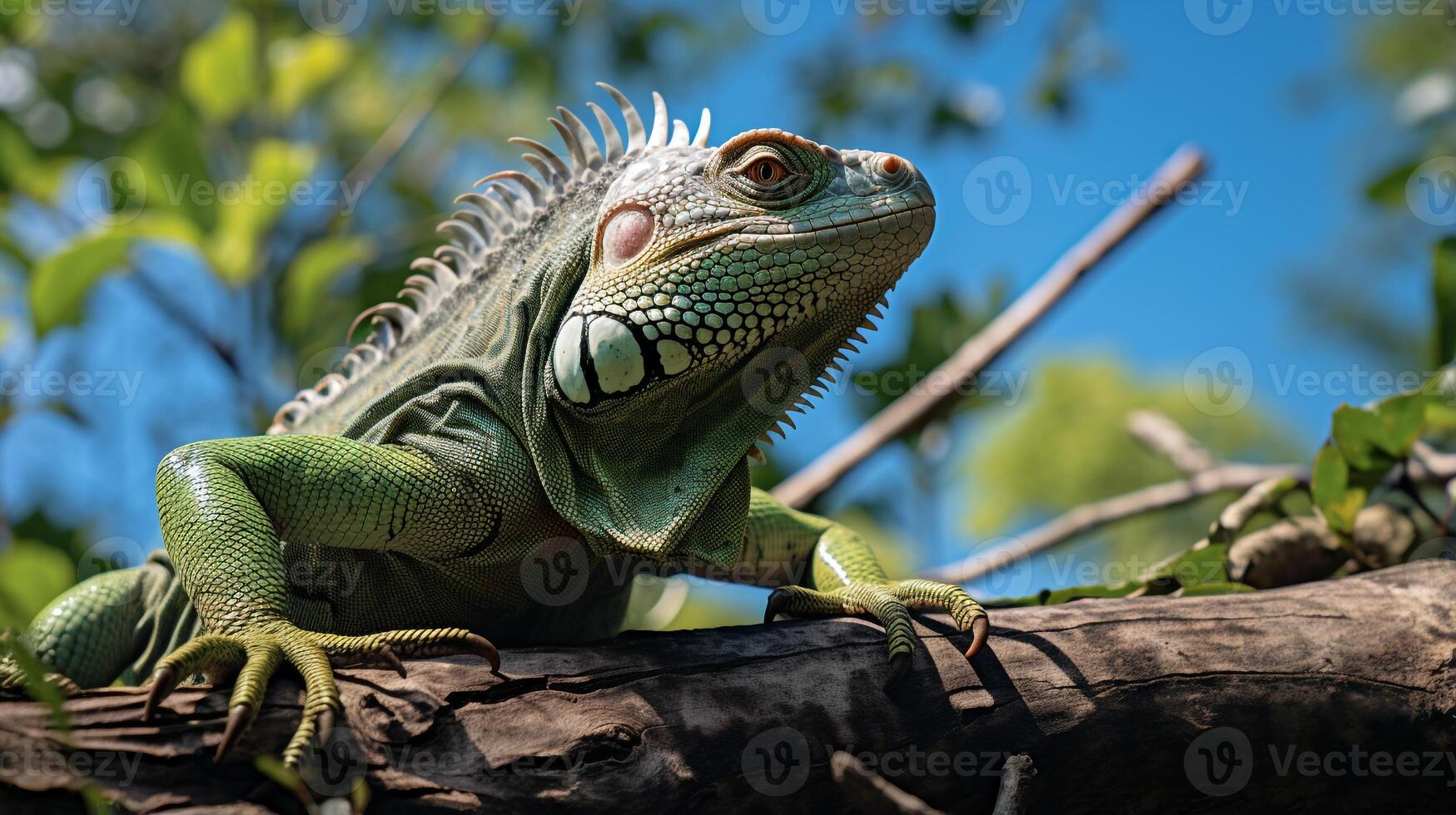 Foto av leguan i ther skog med blå himmel. generativ ai