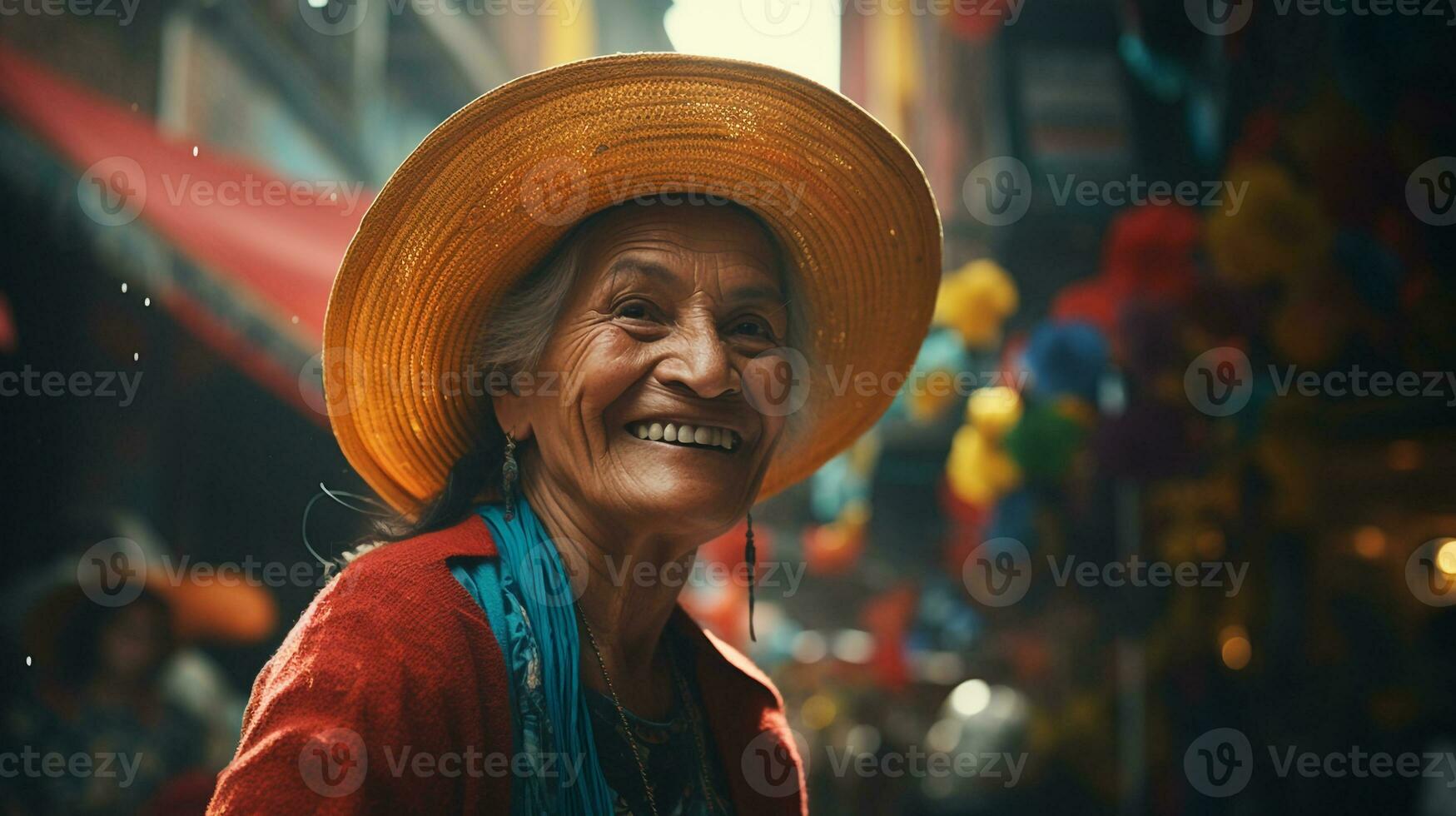 Lycklig ansikte av mormor fira dia de la raza. generativ ai foto