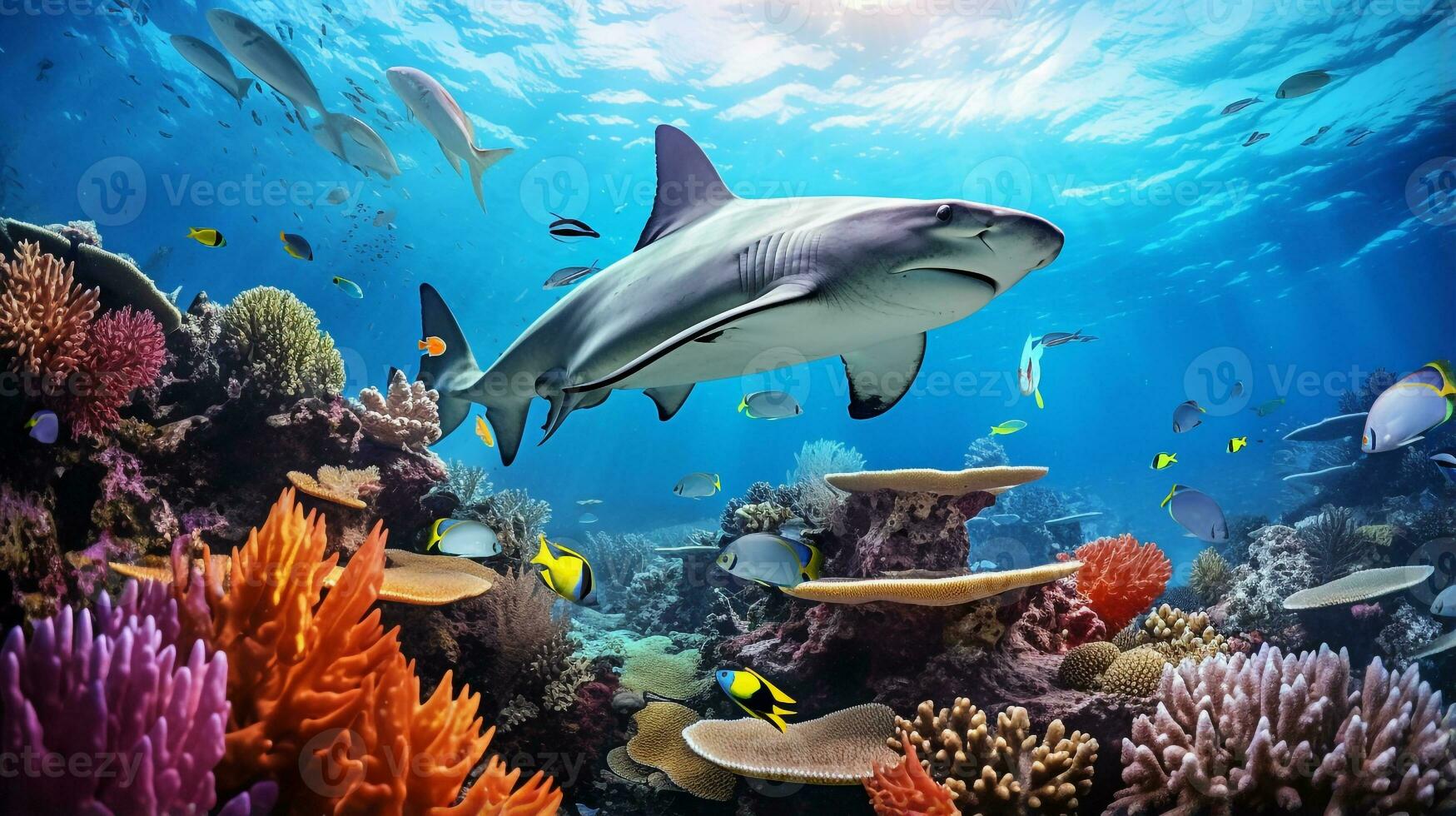 Foto av hammarhaj haj med olika fisk mellan friska korall rev i de blå hav. generativ ai