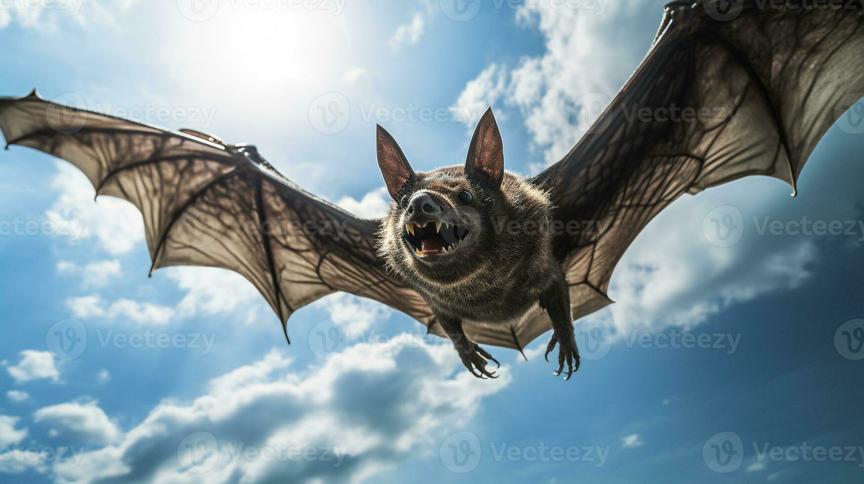 Foto av en vampyr fladdermus under blå himmel. generativ ai