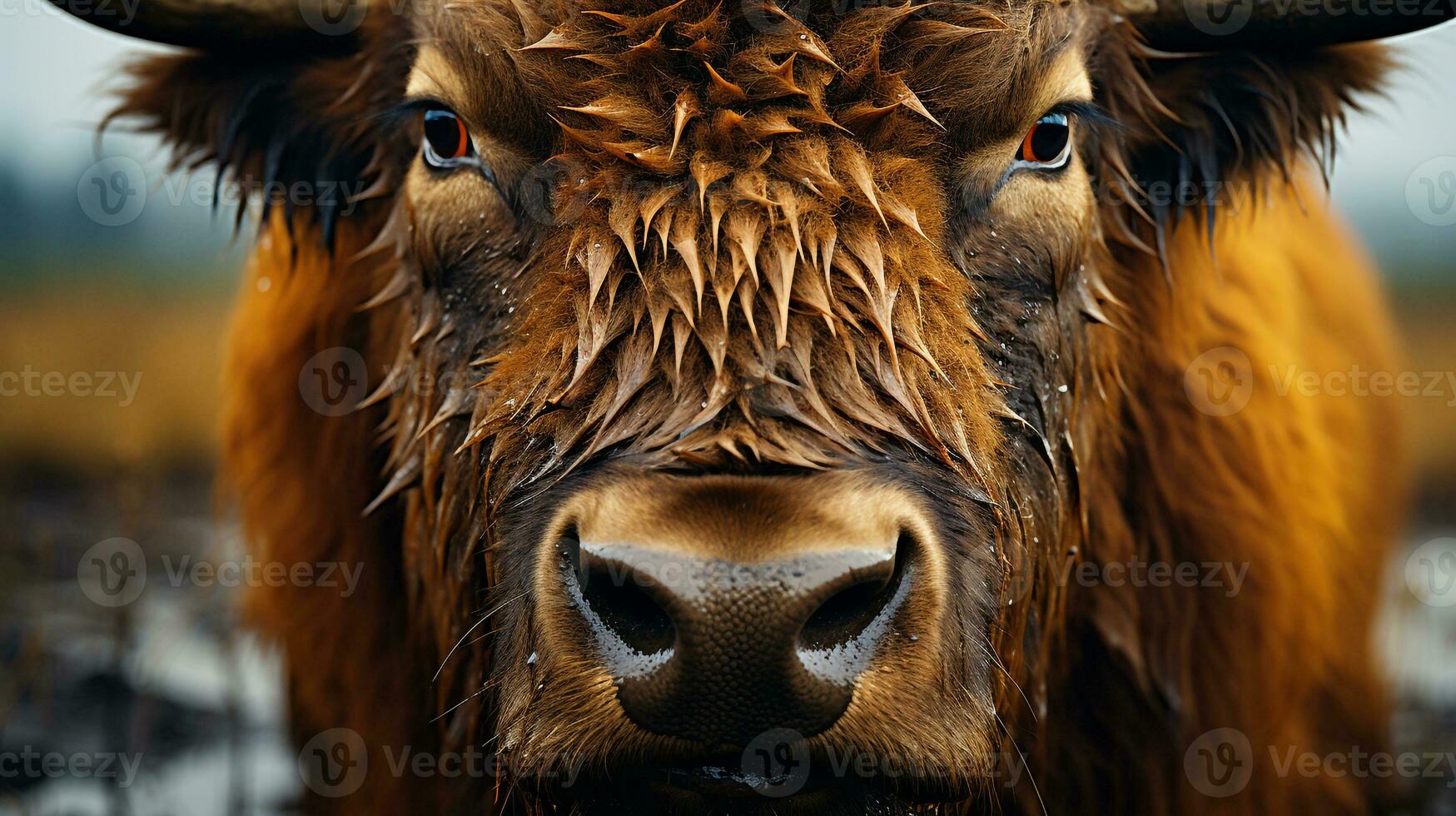närbild Foto av en bison ser några riktning. generativ ai