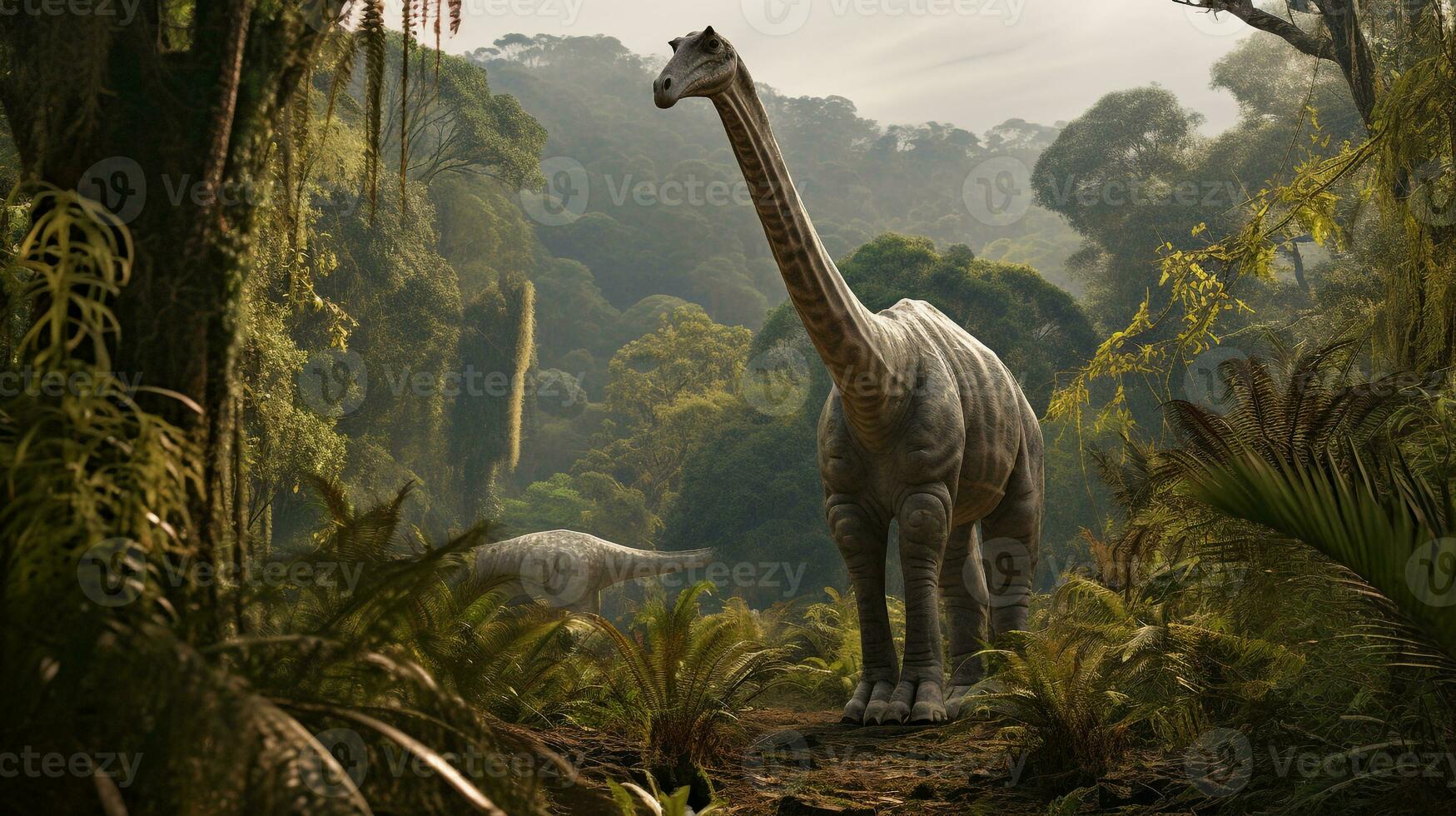 Foto av brachiosaurus rex i de djungel. generativ ai