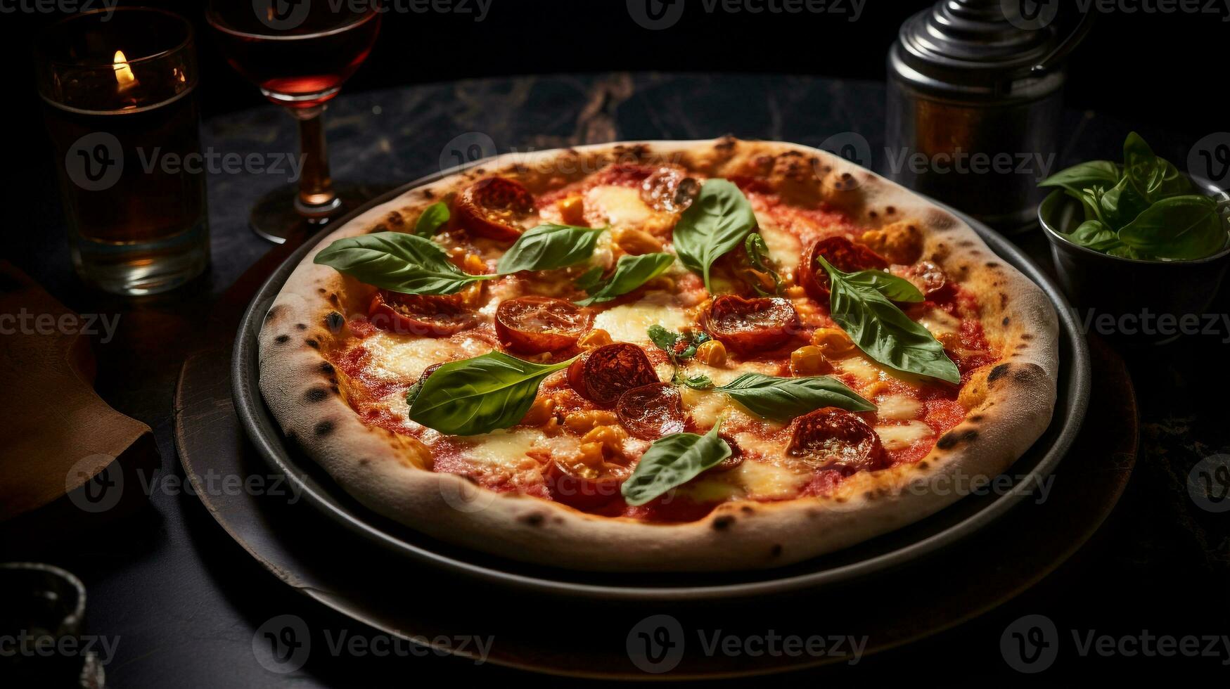 Foto av pizza som en maträtt i en high-end restaurang. generativ ai