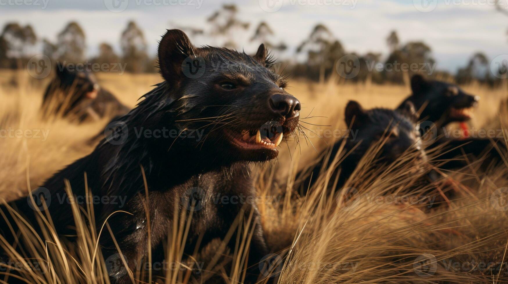 Foto av en besättning av tasmaniska jäkel vilar i ett öppen område på de savann. generativ ai