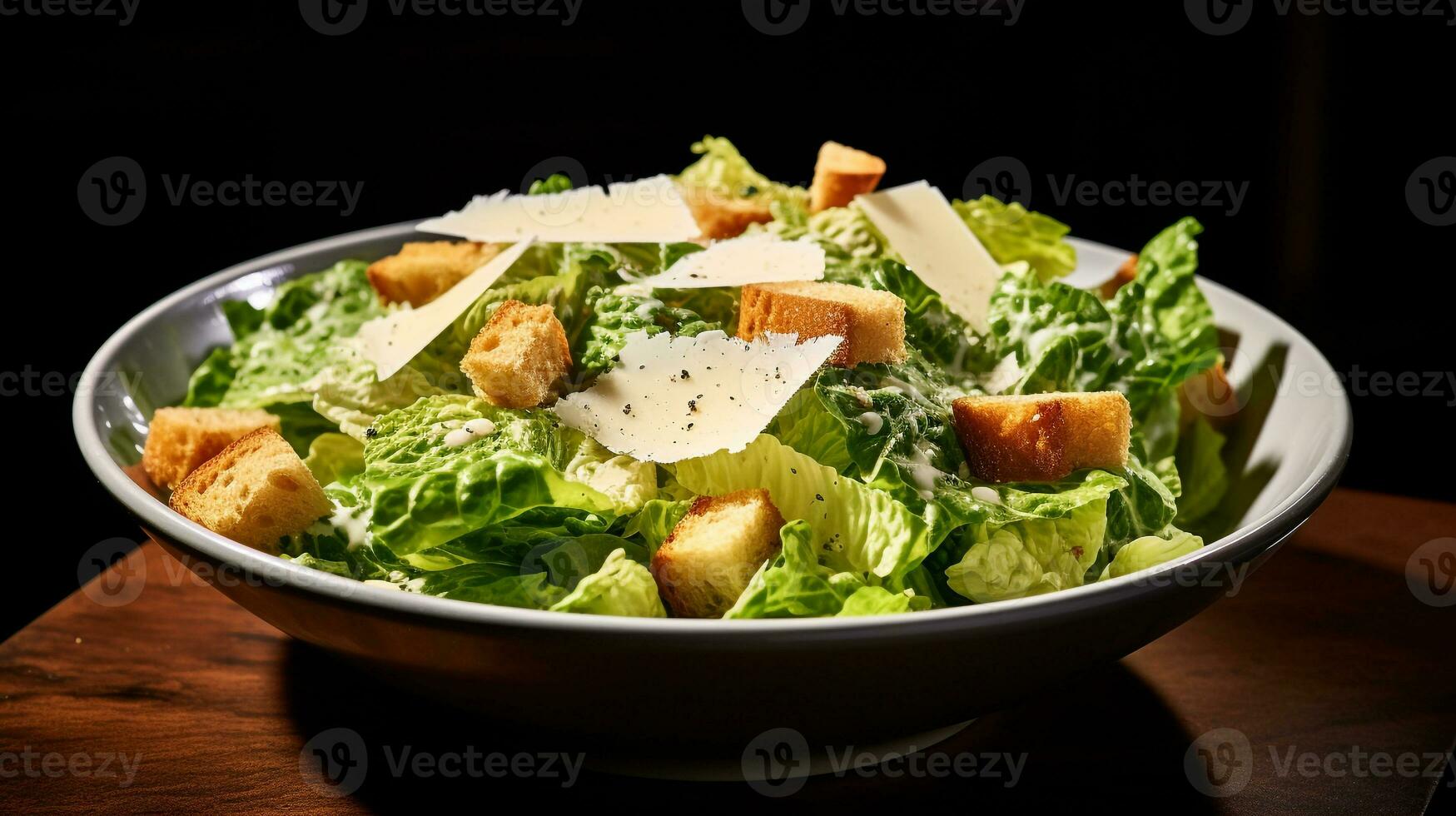 Foto av klassisk caesar sallad som en maträtt i en high-end restaurang. generativ ai