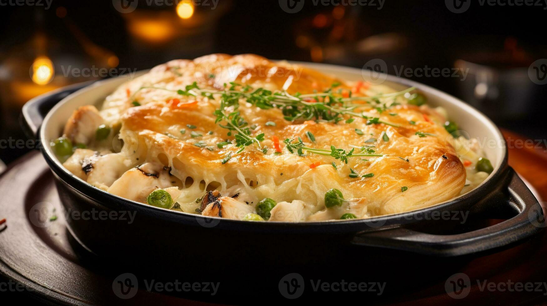 Foto av kyckling pott paj som en maträtt i en high-end restaurang. generativ ai