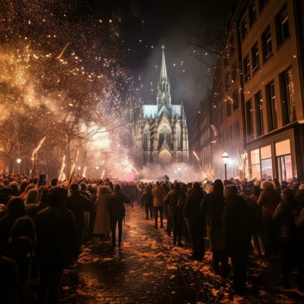 fyrverkeri ljus upp de himmel ovan cologne karneval fester foto