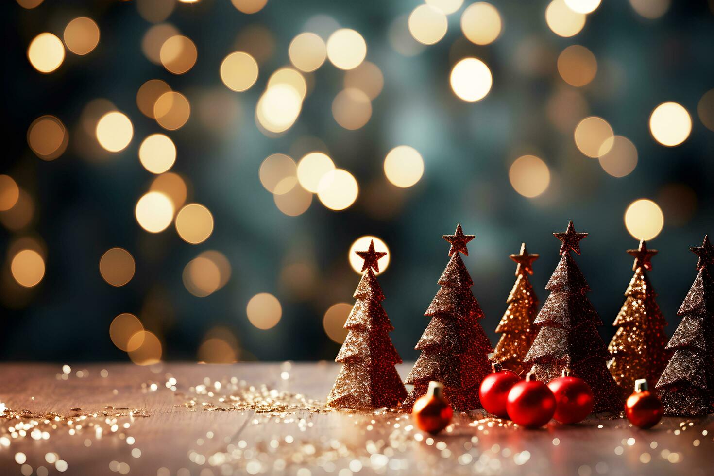 skön belysning och bokeh bakgrund för jul tall träd och röd stjärna, bollar och gåva lådor dekoration på årgång trä- golv. ai genererad foto