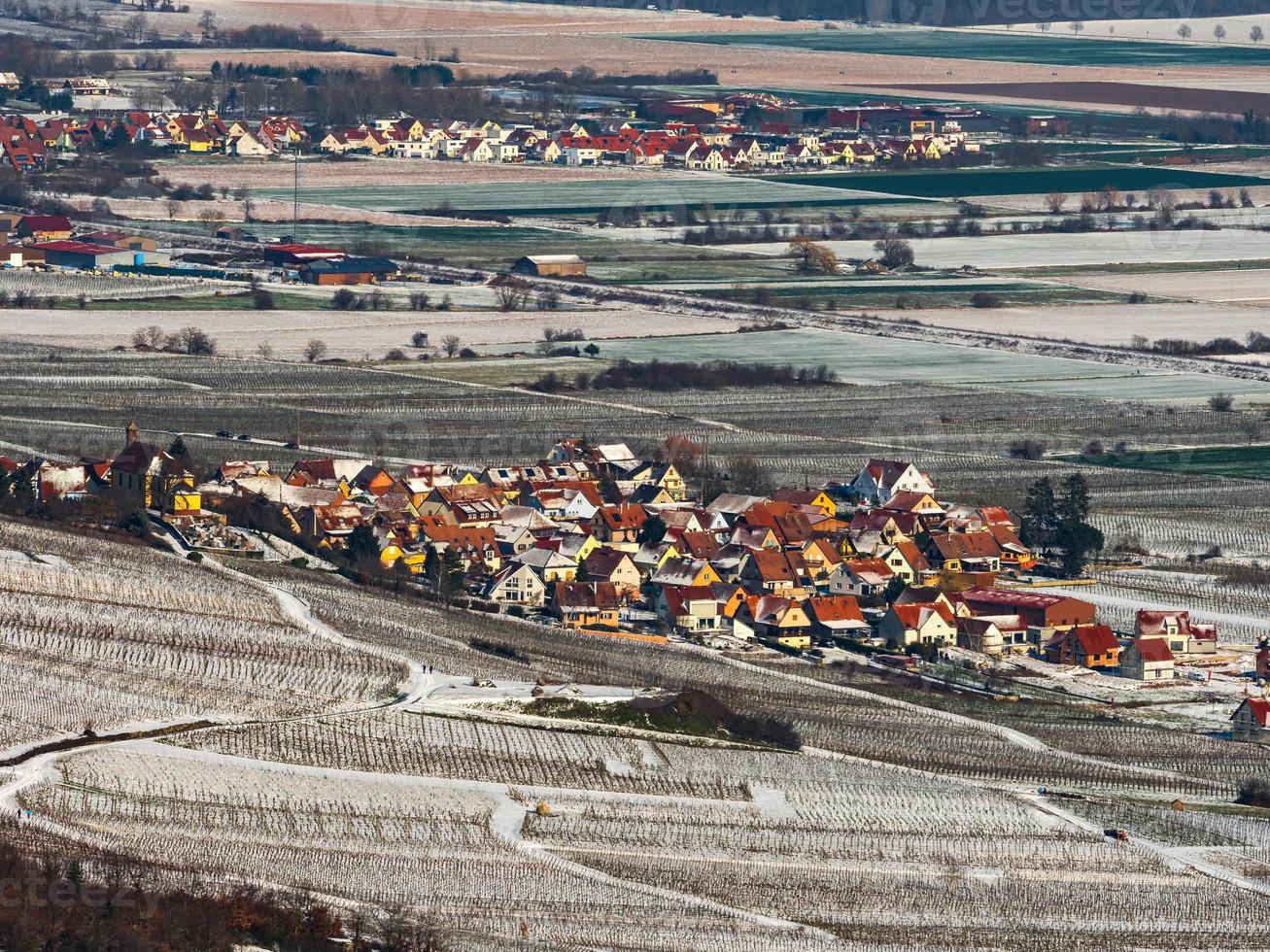 panoramautsikt över drönare över snötäckta vingårdar i Rhindalen foto