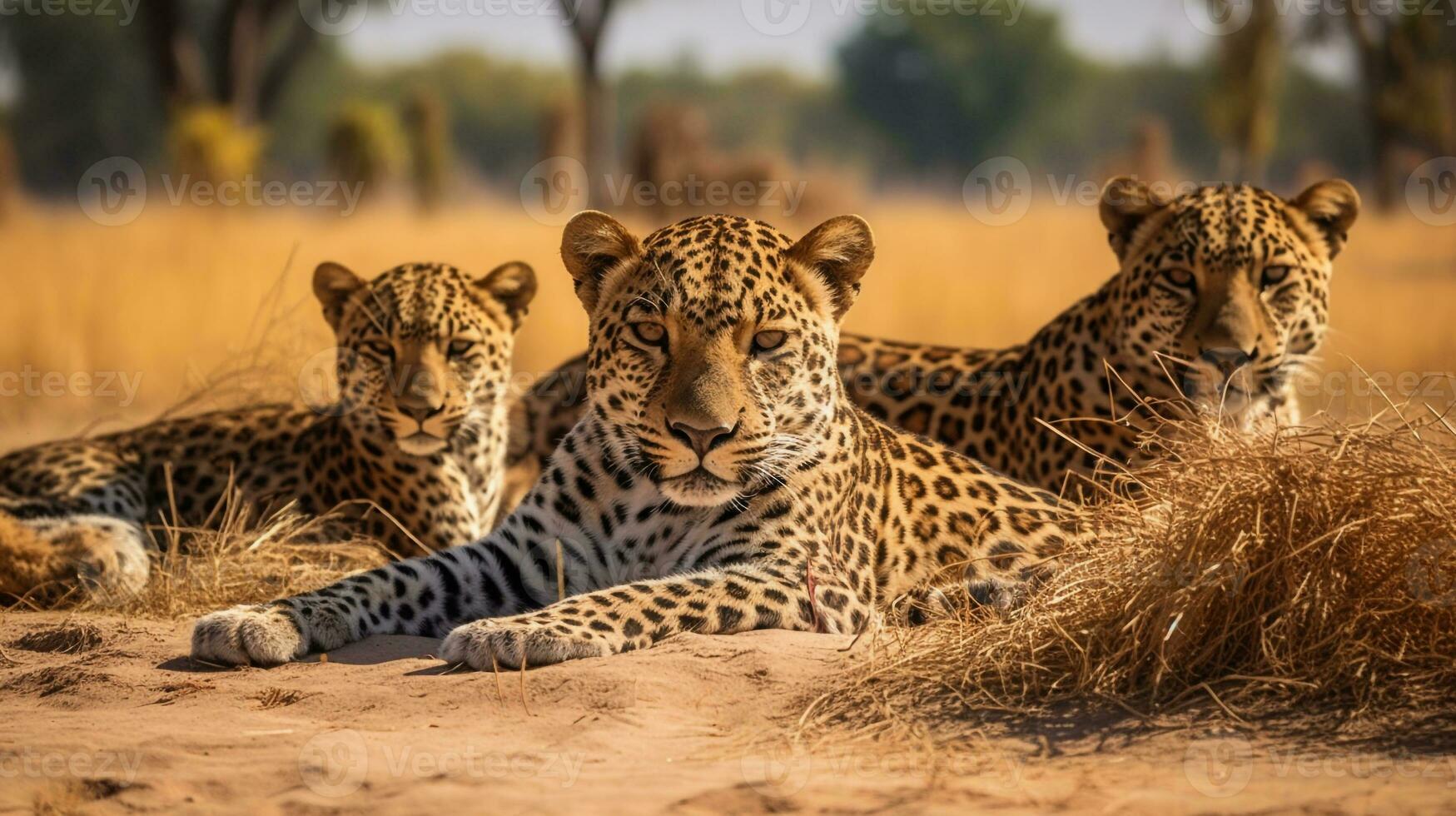 Foto av en besättning av jaguar vilar i ett öppen område på de savann. generativ ai