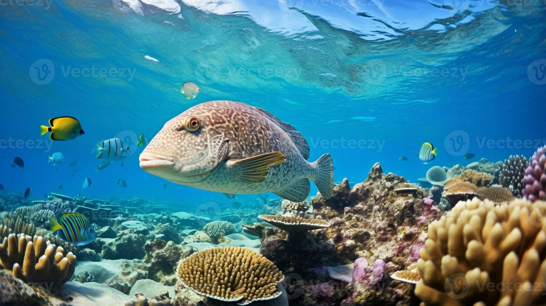 Foto av flundra med olika fisk mellan friska korall rev i de blå hav. generativ ai