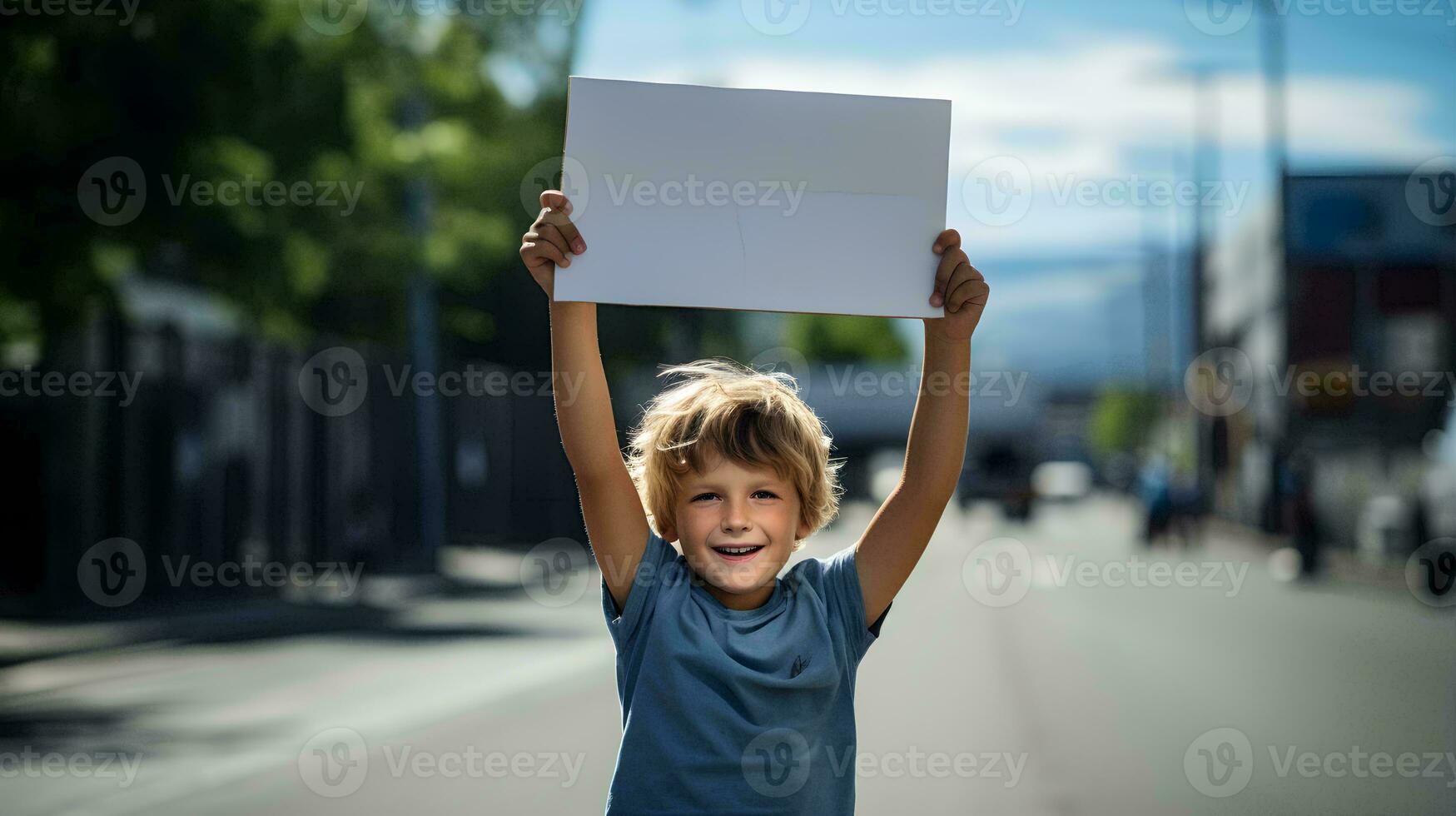 en ung pojke innehav upp en kartong tecken i de mitten av en gata foto