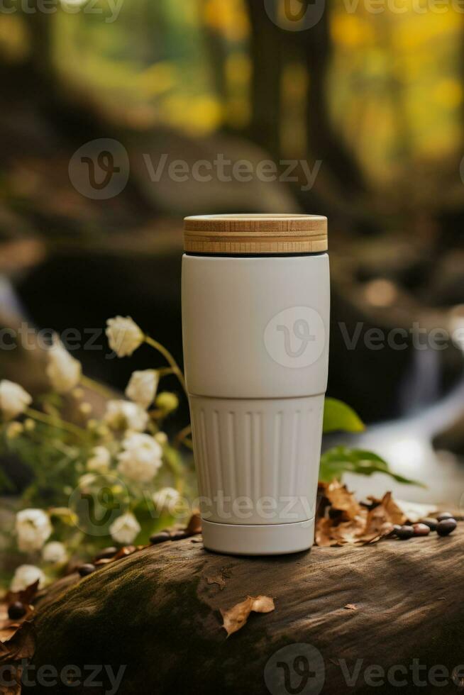 hållbar bambu kaffe kopp vid sidan av resa väsentliga främja eco vänlig levande foto