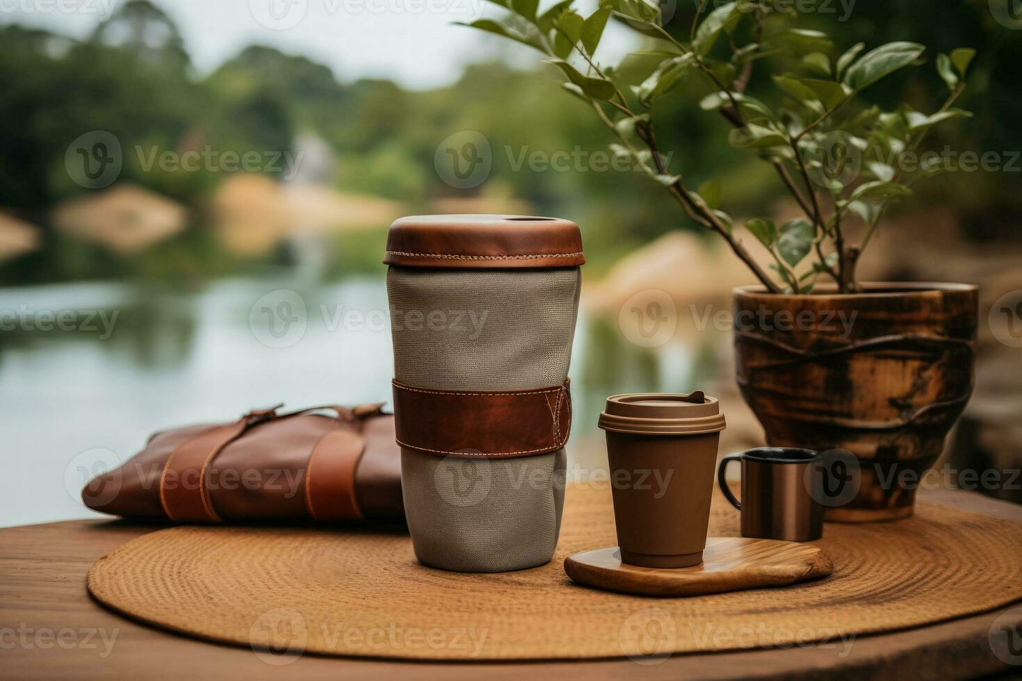 hållbar bambu kaffe kopp vid sidan av resa väsentliga främja eco vänlig levande foto