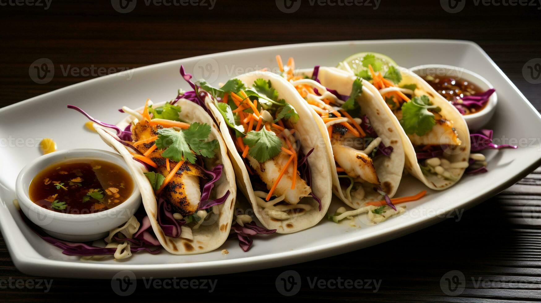 Foto av grillad fisk tacos som en maträtt i en high-end restaurang. generativ ai