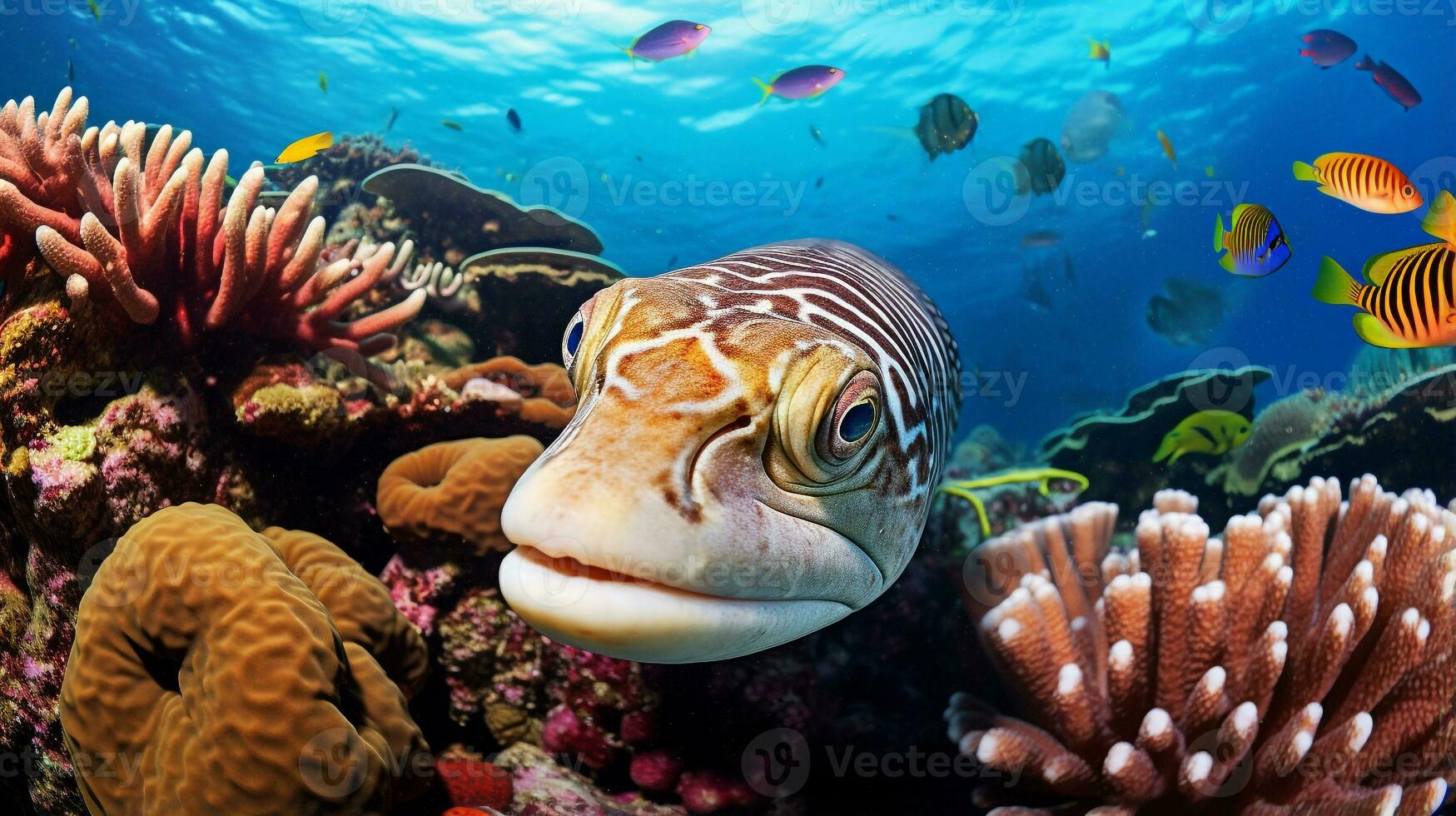 Foto av ål med olika fisk mellan friska korall rev i de blå hav. generativ ai