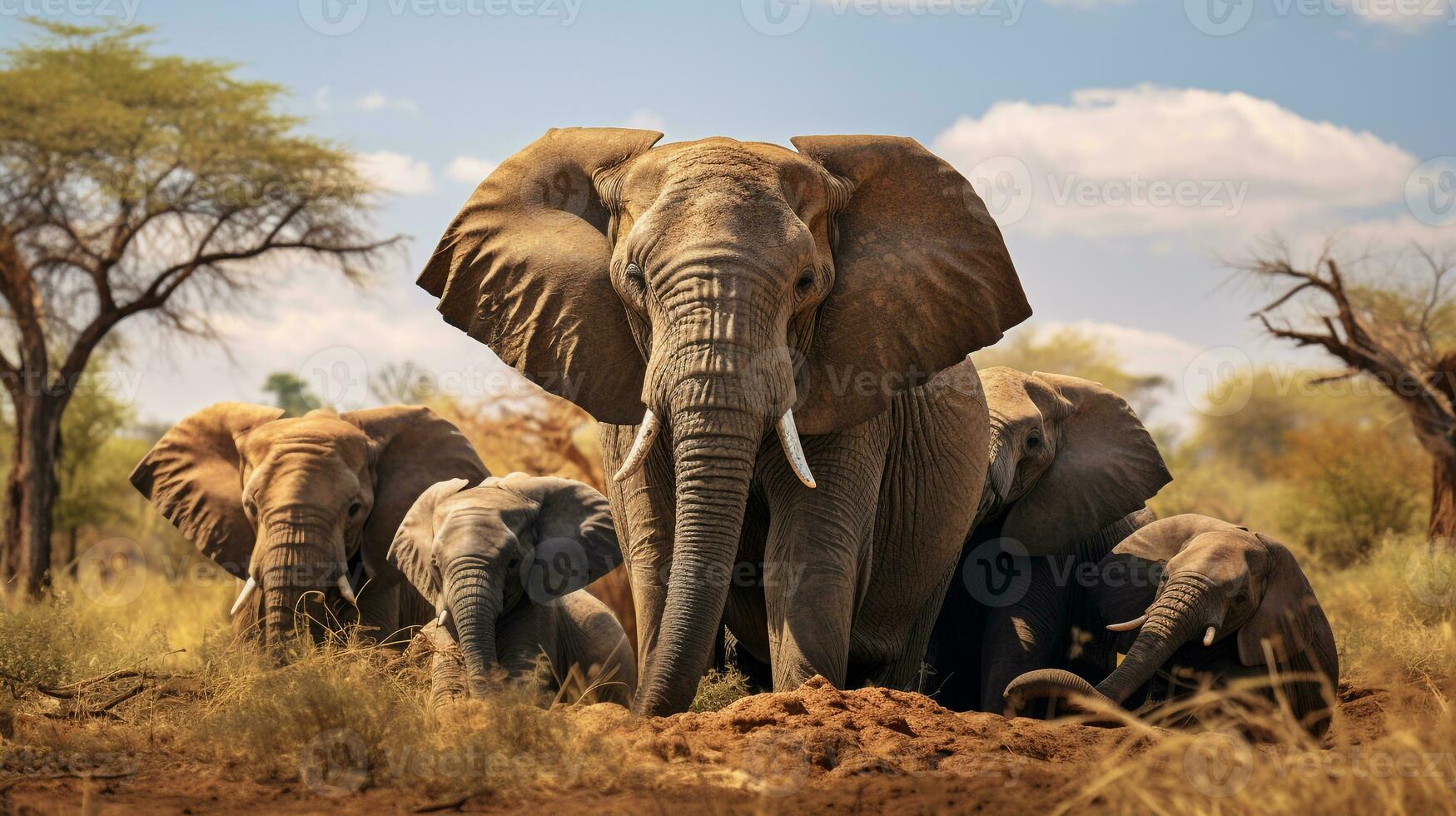 Foto av en besättning av afrikansk elefant vilar i ett öppen område på de savann. generativ ai