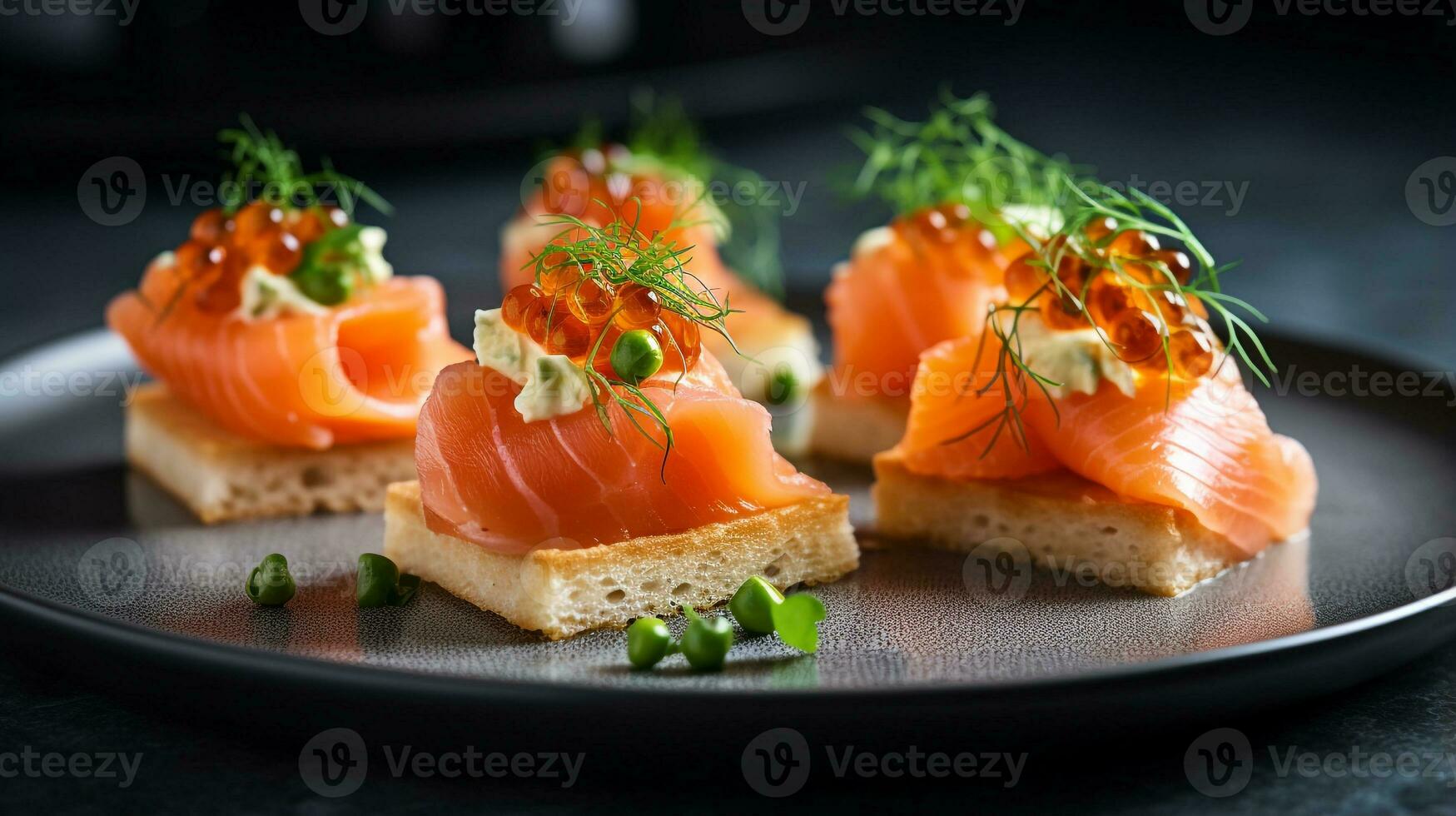 Foto av rökt lax canapes som en maträtt i en high-end restaurang. generativ ai