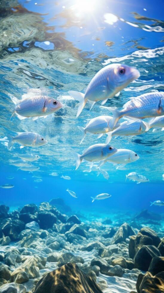 marin liv skydd. en skola av fisk simmar i kristallklart vatten foto