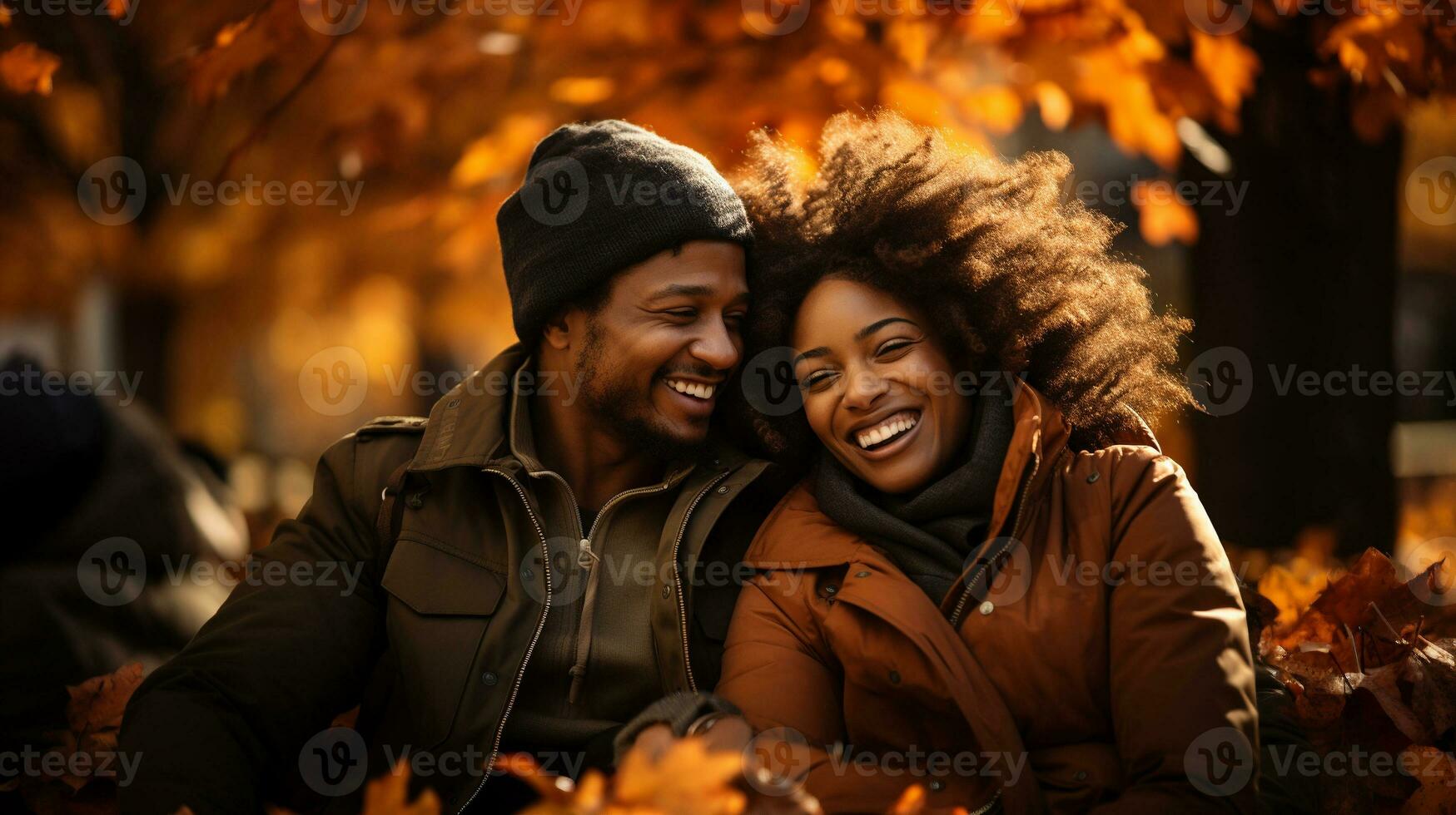 Lycklig varmt klädd ung kärleksfull afrikansk amerikan par skratt som de njut av de skön falla löv i de parkera - generativ ai. foto