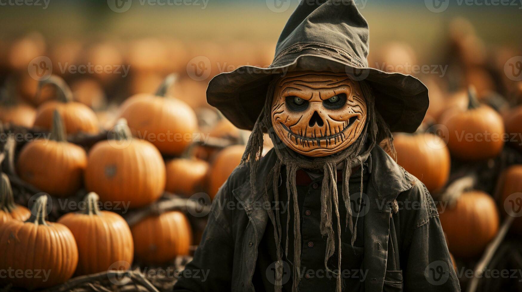läskigt halloween scarecrow figur mitt i de pumpor i de fält - generativ ai. foto