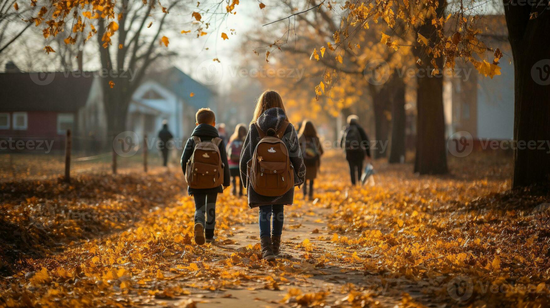 ung barn bär ryggsäckar gående till skola på en skön falla morgon- - generativ ai. foto