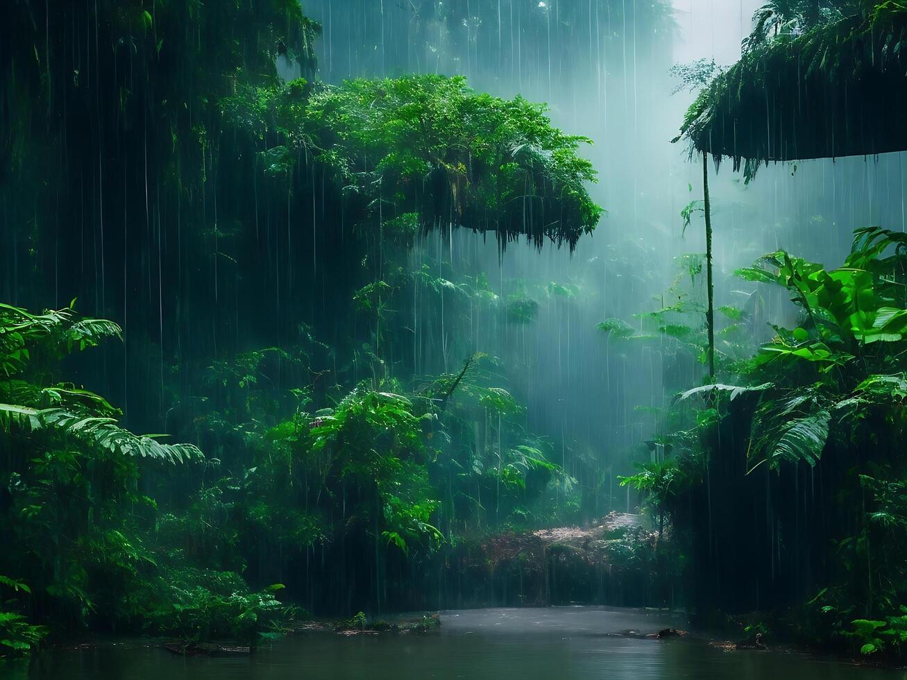 monsun regn skog med podium bakgrund ai generativ foto