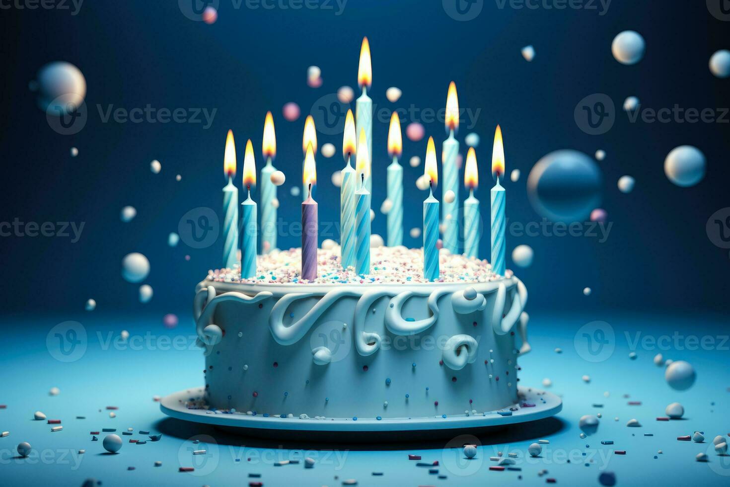 minimal design 3d ikon tolkning av flygande födelsedag kaka med ljus konfetti band isolerat på blå bakgrund foto